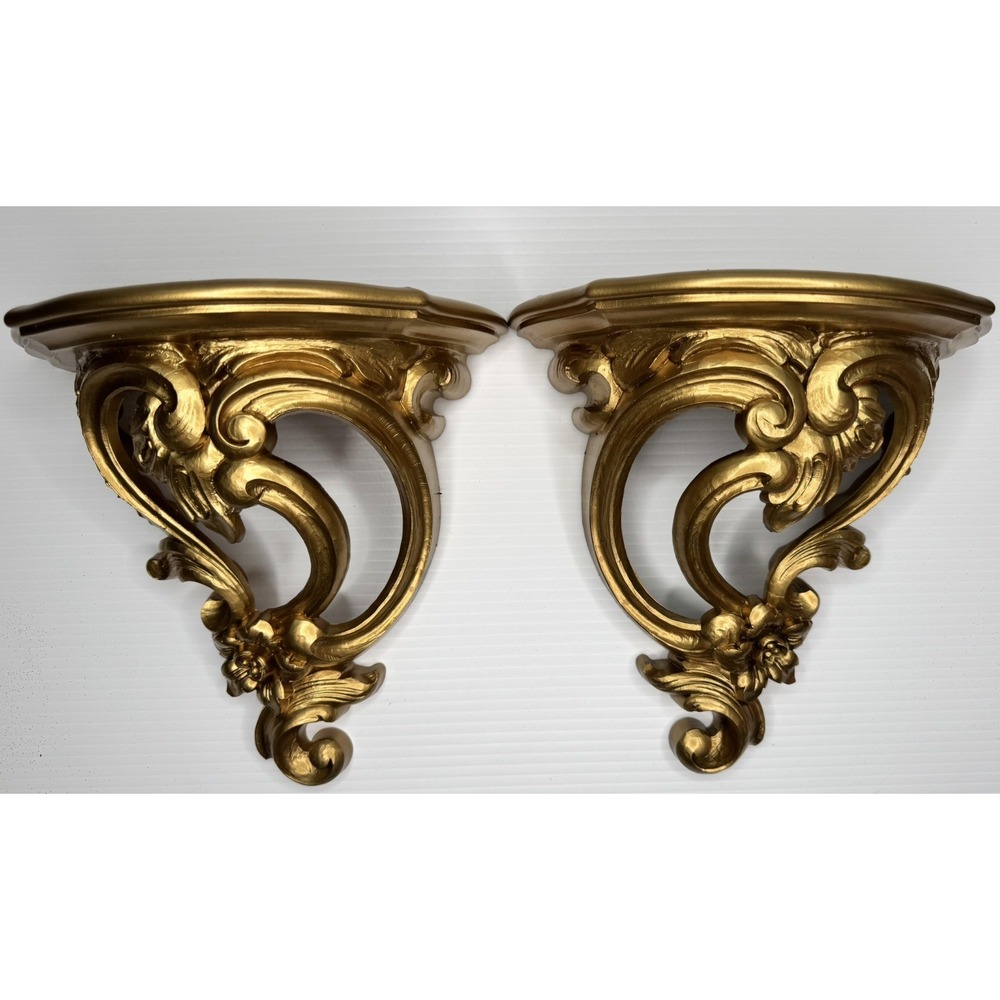 1970 Syroco Hollywood Regency Wall Sconce Shelf Pair Gold #3507 Ornate VINTAGE